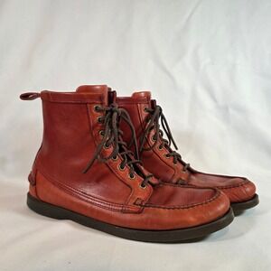 Sebago Docksides Cognac Leather Moc Toe Ankle Boots Mens 10 Lace Up Lug Sole